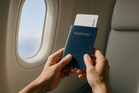 Preparing for travel with passport and boarding pass in handの素材