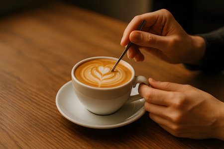 Close up man hands hold a mug of coffee with heart form foamの素材