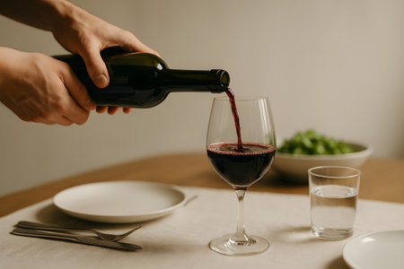 close up red wine pouring into a glass, capturing the rich essence of indulgenceの素材