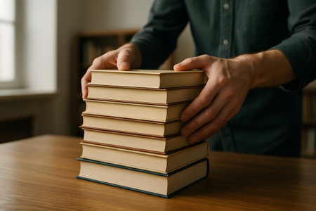 scene of a desk with books of various thicknesses and sizes stacked in layers, with hand resting on top of the otherの素材
