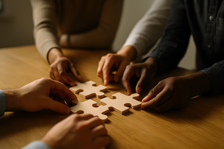Collaborative teamwork is evident as businesspeople in formal attire connect wooden puzzle pieces, showcasing shared goalの素材