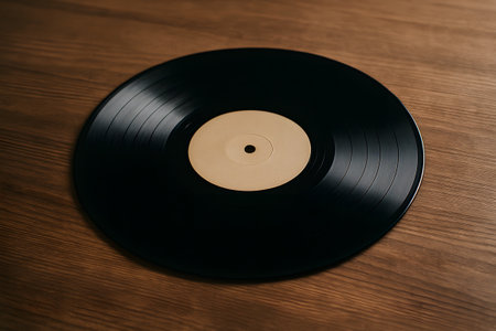 Vintage Vinyl Record on Rustic Wooden Table Backgroundの素材
