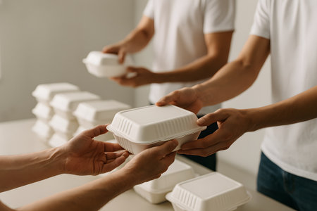 Dedicated volunteers gather in a community kitchen, serving warm meals to those in needの素材