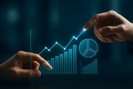 Businessman analyzing financial data on a futuristic holographic displayの素材