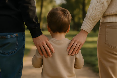 happy family. mother father child walk through parkの素材