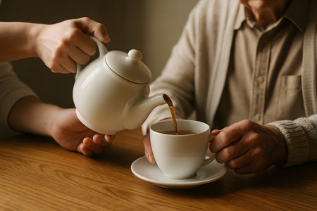 pouring hot tea from a teapot into a cupの素材