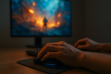 Close-up of hands typing on a glowing keyboard, a laptop in a brightlyの素材