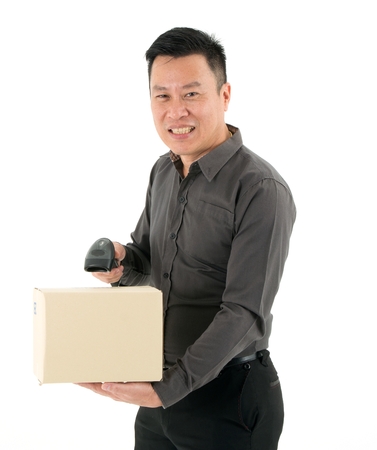 Businessmen holding barcode readers scanning package preparing to deliver isolated on white backgroundの写真素材
