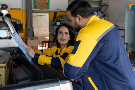 Vehicle service maintenance checking under car in garage. A car maintenance worker is checking a...