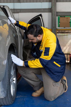 Mechanic holding a tire at the repair garage for replacement and rotation in car service. Vehicle Season Maintenance. Uniform repair automobile. Selective Focus.の写真素材