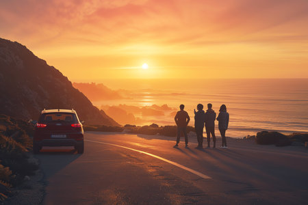 Group of friends standing on the road to the sea with car at sunsetの素材