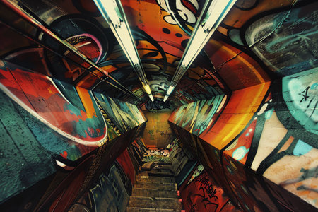 Capture a worms-eye view of a towering graffiti masterpiece, utilizing dramatic lighting to emphasize the intricate details and bold colors, creating a sense of grandeurの素材