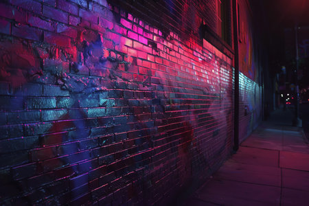 A vibrant street mural at night, showcasing neon lights casting dynamic shadows on the textured brick wall, adding depth and mysteryの素材