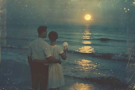 Couple kissing on the beach and looking at the sea. Retro filter.の素材