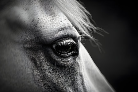 Close up of the eye of a horse in black and white.の素材