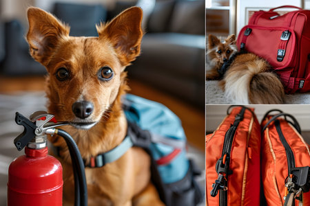 collage of dog with fire extinguisher and backpack on sofa at homeの素材