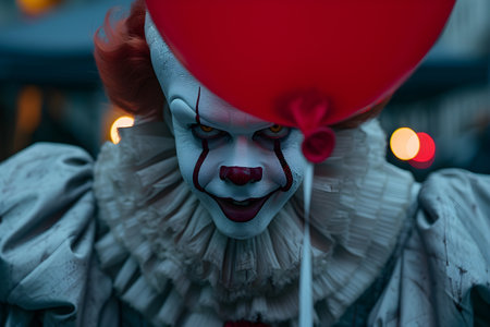 Close-up portrait of a creepy clown with red heart shaped balloonの素材