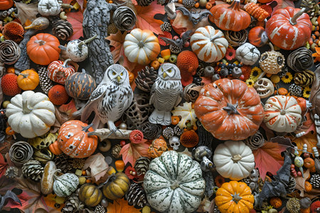 Colorful pumpkins and owls on the autumn market. Halloween backgroundの素材