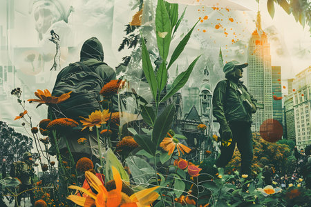 Vintage toned photo of a man with flowers in the city.の素材