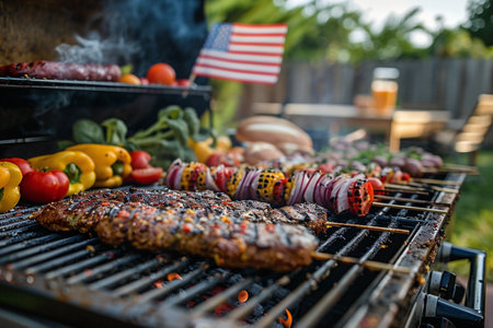 A barbecue grill with a variety of food on it, including steaks, hamburgers, and vegetables.の素材