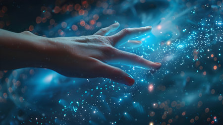 Close up image of human hand touching with fingers abstract glowing background.の素材