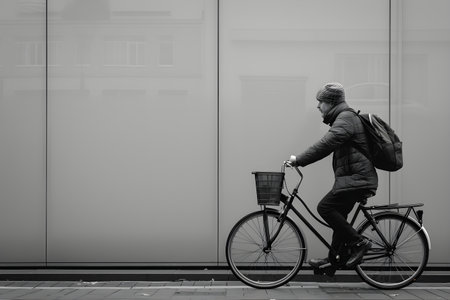 Black and white photo of a man riding a bicycle in front of a gray wall.の素材