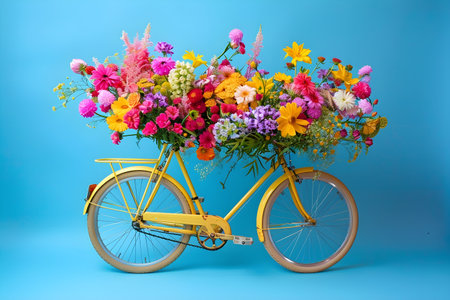 Yellow bicycle with flowers in basket on blue background.の素材