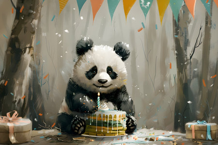 Cute panda bear with cake and gift boxes at birthday party. Panda Birthday.の素材