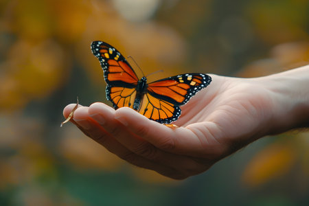 Monarch butterfly on a girl's hand. A hand releasing a butterfly into the air, symbolizing hope and ecological restoration.の素材