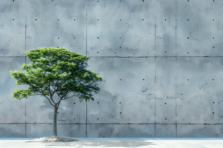 Lonely tree growing in front of concrete wall. A single tree in a concrete urban environment, symbolizing natures resilience in a humanmade world.の素材