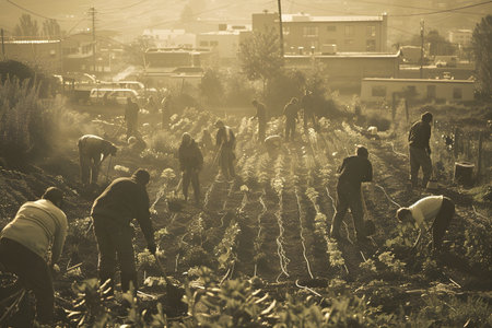 A sepiatoned image of a community garden with people working together, showcasing the history of ecoconscious practicesの素材