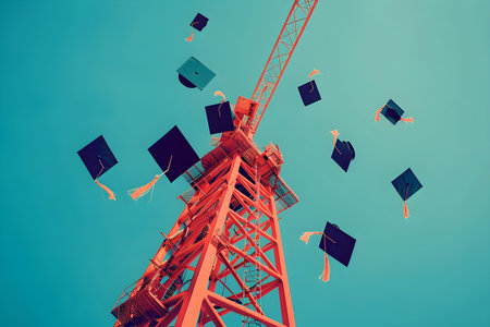 construction and graduation, 3D flat design, Low-angle view of a towering crane juxtaposed with graduates tossing caps into the air, bright and bold colors, smooth gradients, sharp lines and playful shadowsの素材