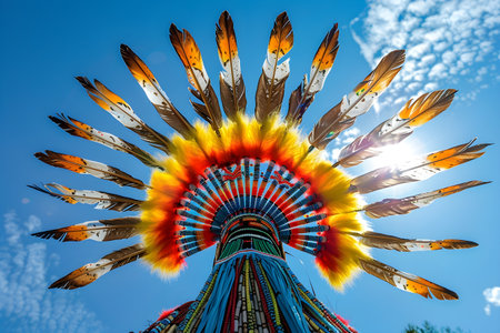 Colorful Native American Headdress against blue sky. USA Heritage.の素材