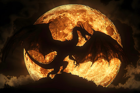 Dragon and full moon. Halloween concept. 3D Rendering.の素材