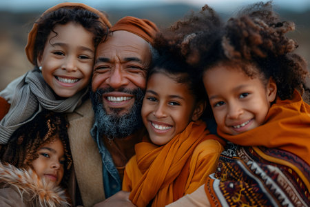 Portrait of happy multiethnic family looking at camera and smiling outdoorsの素材