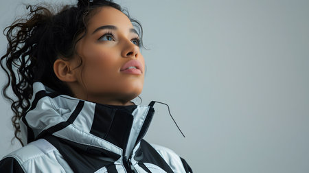 Young woman radiating confidence while modeling futuristic clothing in a studio setting, looking upwards with a sense of aspiration.の素材