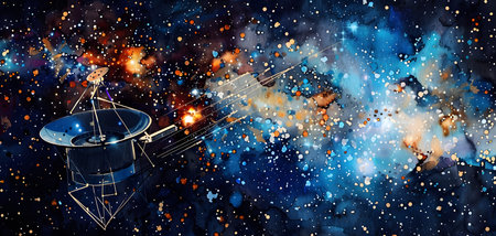 High-resolution image of a space probe navigating through a vibrant, colorful nebula with numerous stars and galaxies, illustrating the vastness and beauty of outer space.の素材