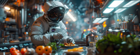 An astronaut in a space suit prepares a meal in a futuristic space kitchen with fresh ingredients and advanced equipment.の素材