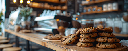 Hyperdetailed image of a bright cafe showcasing a stack of freshly baked cookies on a wooden counter. Warm and inviting atmosphere perfect for relaxation and enjoyment.の素材