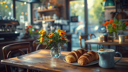 Warm cafe interior featuring fresh croissants, steaming coffee, and a beautiful flower arrangement on a wooden table. Soft natural light and inviting ambiance add to the cozy atmosphere.の素材