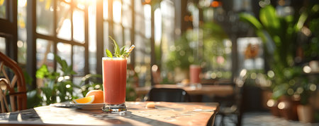 A hyperdetailed image of a romantic cafe setting featuring a sunlit smoothie on a table with a relaxing and cozy ambiance.の素材
