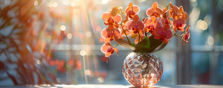 Beautiful orchid flowers in a geometric patterned art deco vase, captured in crystal clear detail. Perfect for bright and vibrant decor themes.の素材