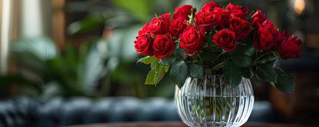 Beautiful bouquet of red roses arranged in an elegant art deco crystal glass vase, set against a blurred green background.の素材