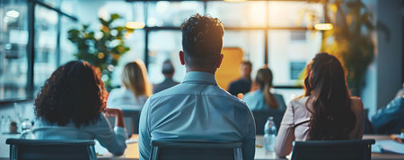 Business team members in a modern office attending a professional presentation, focusing on leadership and teamwork.の素材