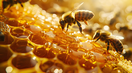 Ultra detailed close-up of a honeycomb with bees collecting nectar. Natural golden hues, sunlight reflections, and rich textures highlight the beauty of bee life and honey production.の素材