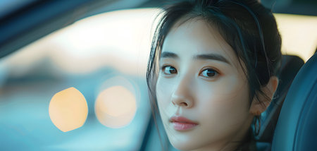 Close-up shot of an Asian woman in a car with a serene expression, soft bokeh background and ample space for text.の素材