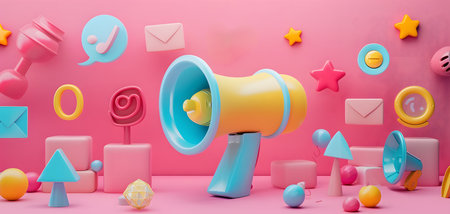 Colorful 3D illustration showcasing influencer marketing and social media promotions with megaphone and digital icons on a pink background.の素材