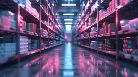 A modern warehouse with smart shelves featuring IoT-enabled inventory management. Futuristic and organized storage system illuminated with neon lights.の素材