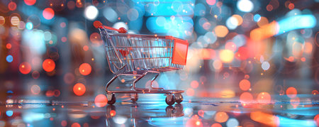 3D illustration of a shopping cart in a colorful urban backdrop, symbolizing retail trends, shopping, and predictive analytics.の素材