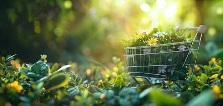 A shopping cart filled with lush, vibrant plants in a sunlit garden, symbolizing sustainable and eco-friendly retail practices.の素材